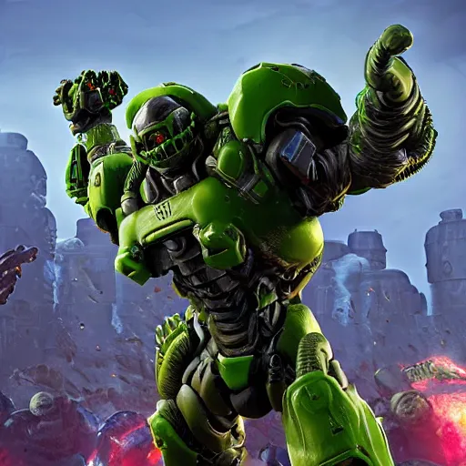 Image similar to doom guy in fornite, intricate, smooth detailed, marine armor, fornite theme