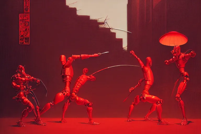 Image similar to only with red, a red cyborg samurai, tokio futuristic in background, some evil yokai fight, in the style of beksinski, parts by edward hopper, parts by rodcenko, parts by yue minjun, intricate and epic composition, red by caravaggio, insanely quality, highly detailed, masterpiece, red light, artstation, 4 k