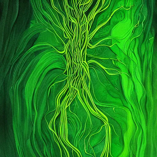 Image similar to nervous system immersed in green liquid, illustration, abstract painting