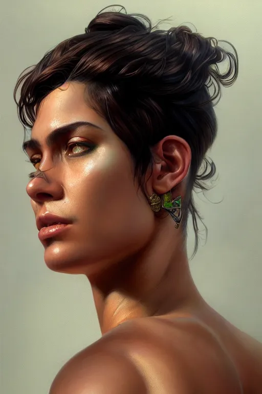 Image similar to photorealistic portrait of a young butch solarpunk cuban woman, handsome, female, masculine, upper body, fantasy, fierce, sharp features, intricate, elegant, highly detailed, digital painting, artstation, concept art, matte, sharp focus, illustration, art by artgerm and greg rutkowski and alphonse mucha