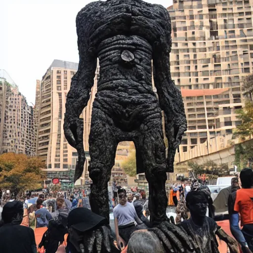 Image similar to giant sculpture of eldrich alien god, made of black stone, worshipped by crowd of neanderthals