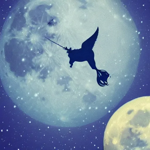 Prompt: A lonely dark-blue unicorn with wings sits on the moon's surface, sitting in the moon dust crying