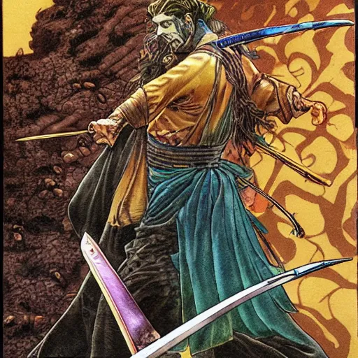 Prompt: Frank Zappa golden Vagabond magic swordsman glides through a beautiful battlefield magic the gathering dramatic esoteric pen and ink illustrated in high detail by Hiroya Oku, Moebius, and Tatsuki Fujimoto shonen jump 2077