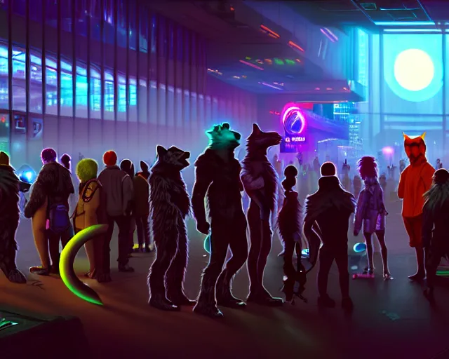 Image similar to high - resolution photograph from a cyberpunk era furry fandom convention ( midwest furfest 2 0 4 7 ), taking place after the genetic revolution and quantum singularity. photorealistic.