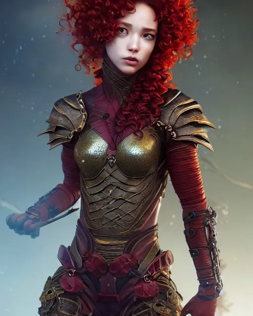 Prompt: ranger, intricate fantasy outfit!!! beautiful and athletic red curly hair female changeling!! gorgeous face and eyes!! character concept art, sharp focus, octane render! unreal engine 5! highly rendered!! trending on artstation!! detailed linework!! illustration by artgerm, wlop, and chie yoshii