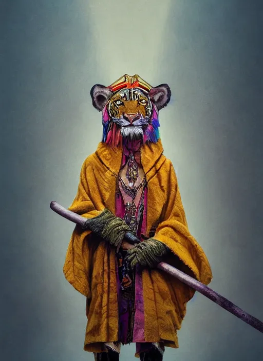 Image similar to an anthropomorphic beautiful goddess male wizard made of tiger portrait holding a staff wearing colourful robe, fine art, award winning, intricate, elegant, sharp focus, octane render, hyperrealistic, cinematic lighting, highly detailed, digital painting, 8 k concept art, art by jamie hewlett and z. w. gu, masterpiece, trending on artstation, 8 k