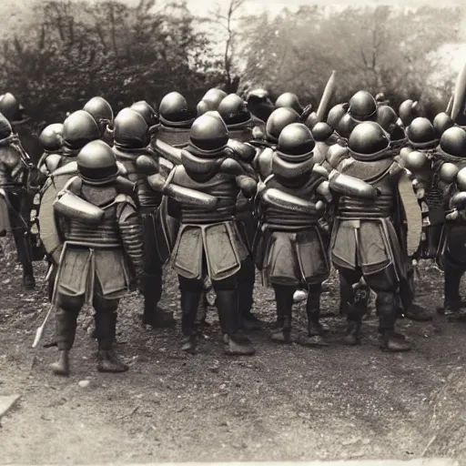 Image similar to a photo taken on a phone of a group of pike men wearing helmets getting ready to charge into battle.