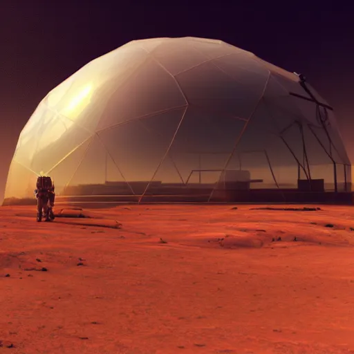 Prompt: glass agriculture domes on the surface of Mars, Jessica Rossier color scheme, matte painting by Ruan Jia and Syd Mead, featured in artstation, sci-fi, octane render, cinematic, elegant, intricate, 8k, HDR