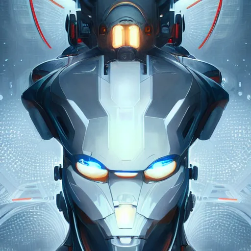 Image similar to ghost, mecha, symmetrical. sci - fi, tech wear, glowing lights, intricate, elegant, highly detailed, digital painting, highly detailed, digital painting, artstation, concept art, smooth, sharp focus, illustration, art by artgerm and greg rutkowski and alphonse mucha