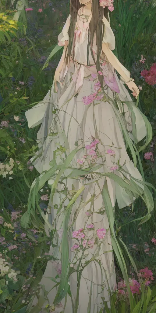 Image similar to a digital art of a loli with long hair in a dress in the privet garden at after noon, green and warm theme, back lighting, by krenz cushart and mucha and akihito yoshida and greg rutkowski and makoto shinkai, extremely long shot, detailed eyes, 4 k resolution, trending on art station