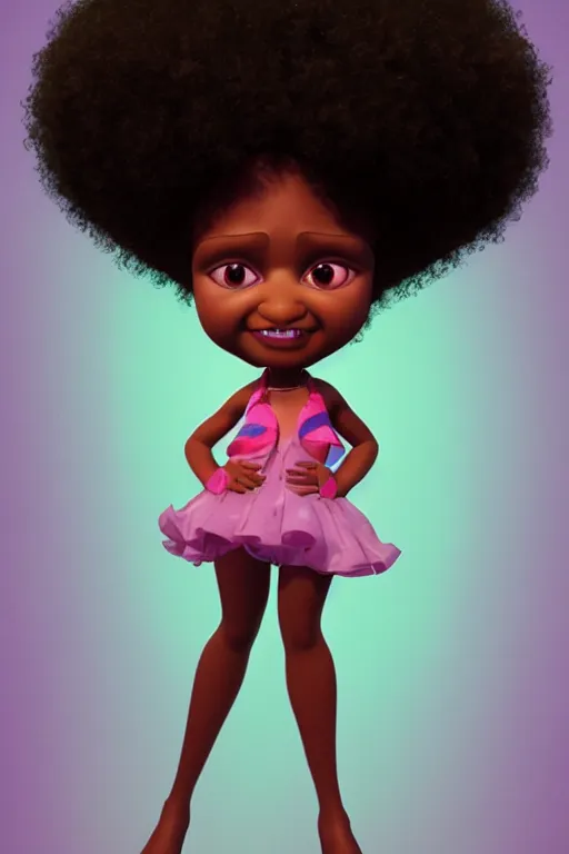 Image similar to a centered caricature render of a cute cool afro disco girl from the seventies, by dreamworks, by pixar, by viktoria gavrilenko, by leticia gillett, by lois van baarle, perfect face, 3 d, 8 k