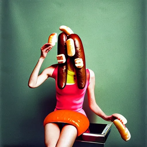 Image similar to a fashion model curls her hair using hot dogs. surreal photograph, toiletpaper magazine, 3 5 mm photograph, colourful, by pierpaolo ferrari, maurizio cattelan