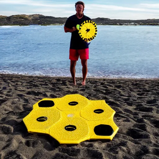 Prompt: yellowfin tuna playing spikeball on the beach photo