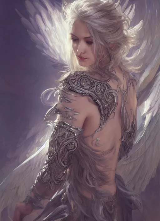 Image similar to Aasimar Paladin with shaggy silver hair, brown scruffy beard, angel wings, epic, striking, fantasy, intricate, elegant, highly detailed, digital painting, artstation, concept art, smooth, sharp focus, illustration, art by Krenz Cushart and Artem Demura and alphonse mucha