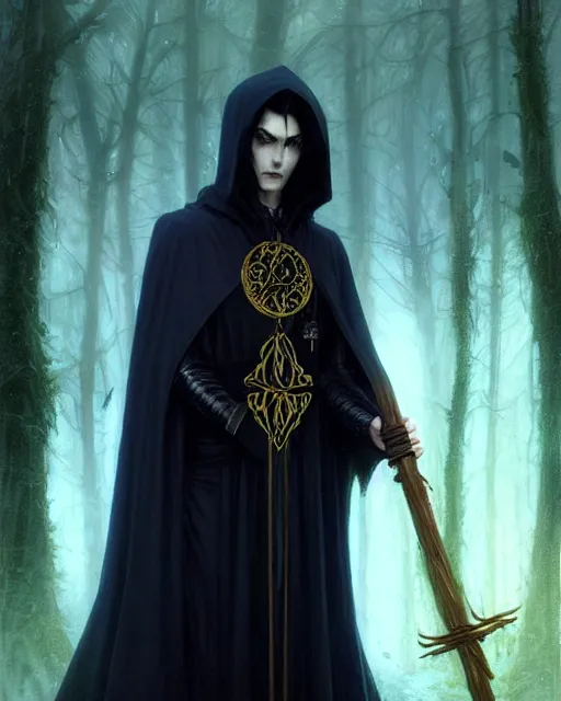 Image similar to handsome mage holding a tall stave, long black hair wearing gothic navy cloak with gold details, green plants, fantasy character portrait, ultra realistic, movie key visual, concept art, intricate details, highly detailed by greg rutkowski, ilya kuvshinov, gaston bussiere, craig mullins, simon bisley