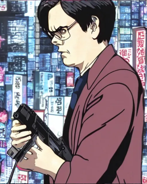 Image similar to a still of dwight schrute in ghost in the shell. anime style. highly detailed.