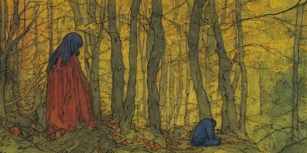Prompt: A young man overcome with grief in an autumn forest, color illustration by John Bauer