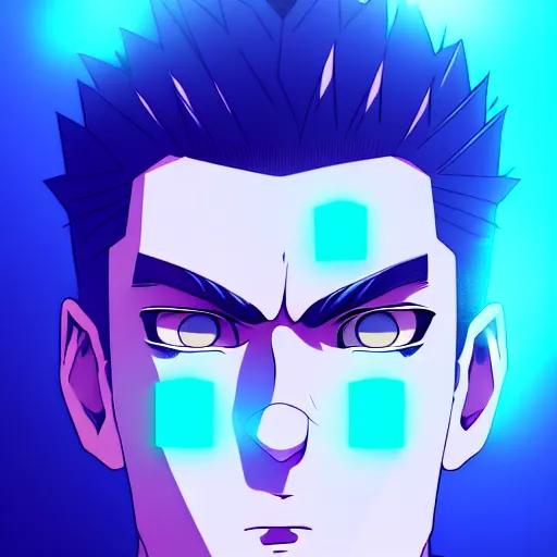 Image similar to a highly detailed portrait of a man with navy blue hair and blue glowing eyes, summoning blue transparent cubes, high detail clothing, concept art, anime, artstation, professional drawing