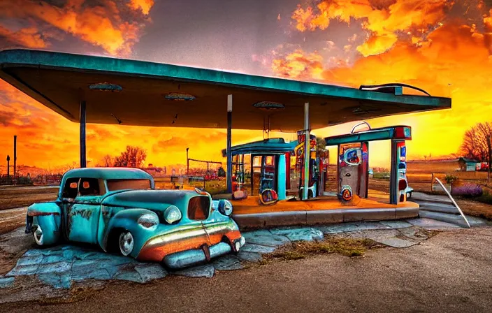 Image similar to A sunset light landscape with historical route66 made by Jheronimus Bosch, jugendstil, gustav klimt, lots of sparkling details and sun ray’s, blinding backlight, smoke, volumetric lighting, colorful, octane, 35 mm, abandoned gas station, old rusty pickup-truck, beautiful epic colored reflections, very colorful heavenly, light colors