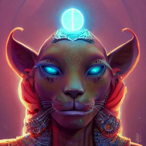 Image similar to highly detailed portrait of sekhmet the egyptian goddess, intricate alien technology, stephen bliss, unreal engine, fantasy art by greg rutkowski, loish, rhads, ferdinand knab, makoto shinkai and lois van baarle, ilya kuvshinov, rossdraws, tom bagshaw, global illumination, radiant light, detailed and intricate environment