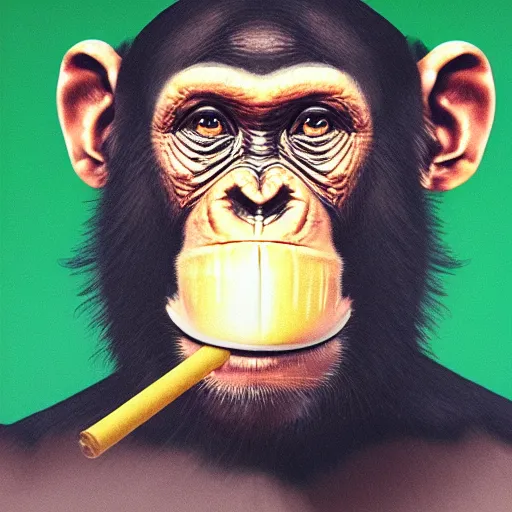 Image similar to a high detail portrait of a chimp wearing a suit 👔,and smoking🚬