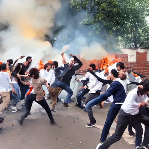 Image similar to a campus burning, the professor was on fire running in terror, the students are dancing around in joy, journalism photo, realistic
