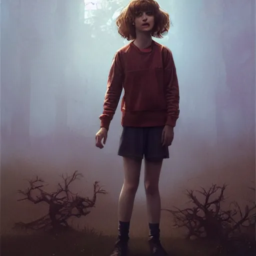 Prompt: Eleven from Stranger Things facing the camera with her hand outstretched with things floating all around her, fullbody, intricate, highly detailed, artstation, concept art, smooth, sharp focus, illustration, art by greg rutkowski and orientalism and bouguereau and Zdzislaw Beksinski, good clear quality, lighting, biology, symmetrical artwork, perfect face, 135 mm, cinematic, hyper realism, high detail, octane render, 8k, chrome accents