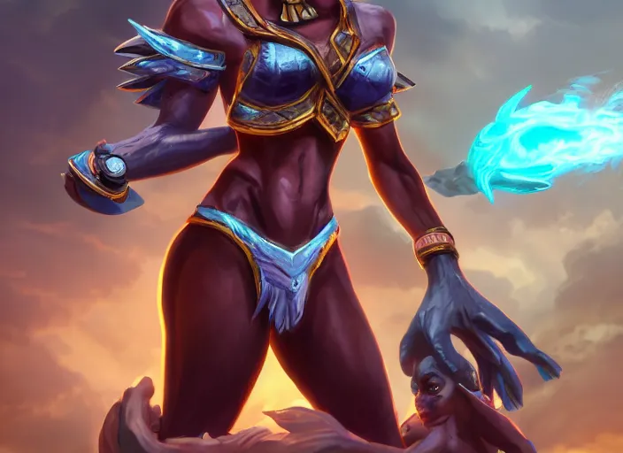 Image similar to black american deity character concept art, digital illustration, trending on artstation, epic composition, scenic background, 8 k uhd, masterpiece, league of legends splash art, octane render, highly detailed, perfect lineart