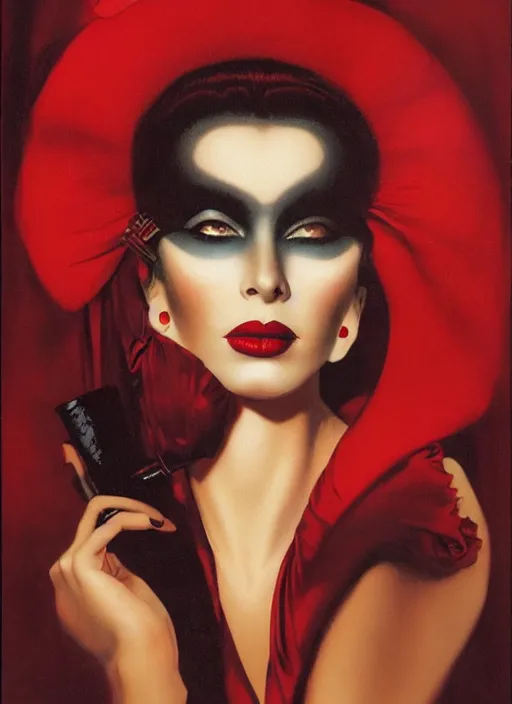 Image similar to an 8 0 s portrait of a woman with dark eye - shadow and red lips with dark slicked back hair dreaming acid - fueled hallucinations by serge lutens, rolf armstrong, delphin enjolras, peter elson, red cloth background