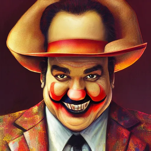 Image similar to UHD hyperrealism painting of Jim Belushi as Dapper Dan, by Antonio Caparo and Todd McFarlane and Greg Rutkowski, UHD, photorealistic, trending on artstation, trending on deviantart, correct face, realistic clown makeup