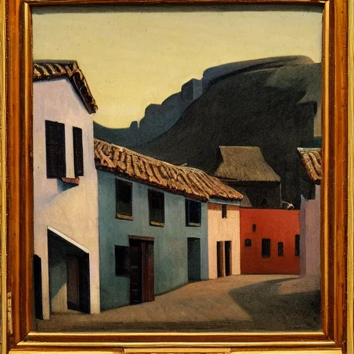 Prompt: A Spanish village. By Carl Gustav Carus, Edward Hopper. Symetrical, logo, geometric shapes.