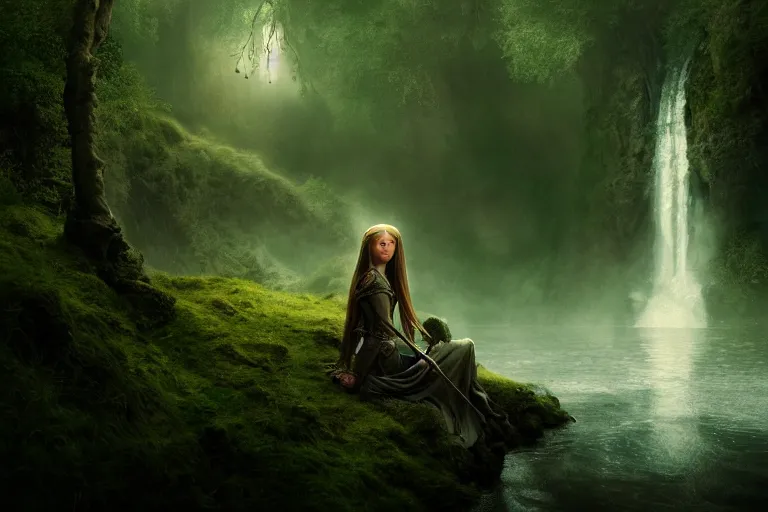 Image similar to an ultra realistic, cinematic, fantasy, headshot portrait, of an elden ring elf, fairy lights, facial features, background of a vast serene landscape, with trees and waterfalls, detailed, deep focus, movie still, dramatic lighting, ray tracing, by michal karcz and yoshitaka amano