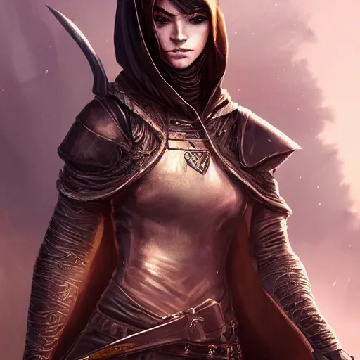 Prompt: A stunning portrait of a beautiful rogue. She wears a hooded black cloak over her brown leather armour. She holds an ornate dagger in her hand. Epic fantasy art. Award-winning on Artstation. Sharp. HD. 4K. 8K