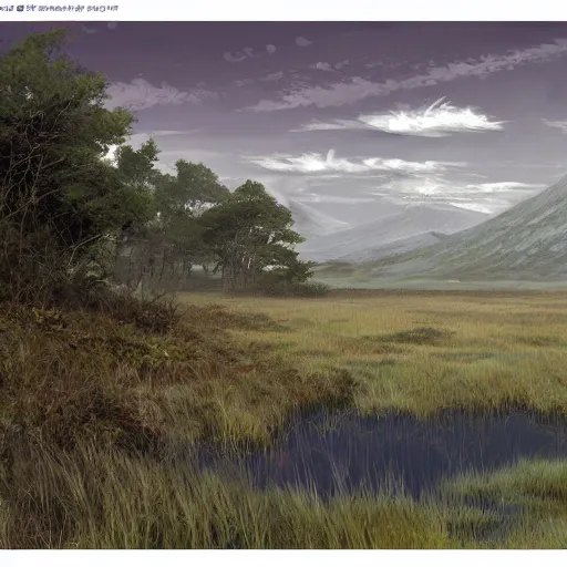 Image similar to concept art painting of a moorland swamp marsh on a plateau with mountainous forest below, realistic, detailed, cel shaded, in the style of makoto shinkai and greg rutkowski and james gurney