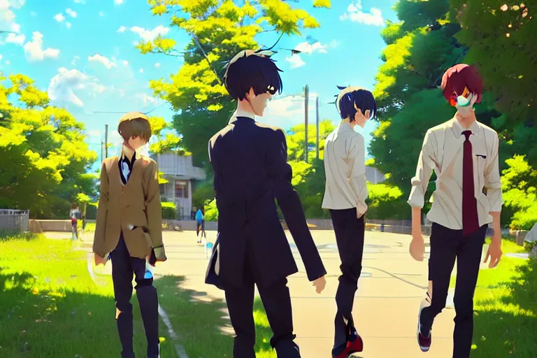 Image similar to boy's love anime high school spring noon scene, high detail concept art, perfect proportions fine face, tall handsome guys, close together romantic undertones, avant designer uniform, vivid colors, realistic shaded lighting poster fantasy art ilya kuvshinov, kyoani, katsuhiro, jeremy lipking and michael germash, makoto shinkai, loish, best selling artist