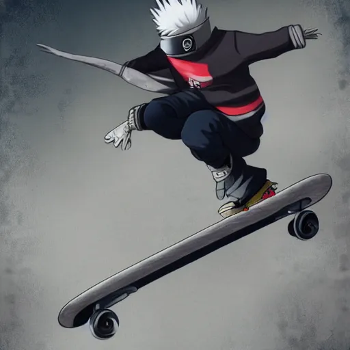 Image similar to kakashi at a skatepark, 8k, fully detailed, cinematic lighting, professional digital painting, kickflip,