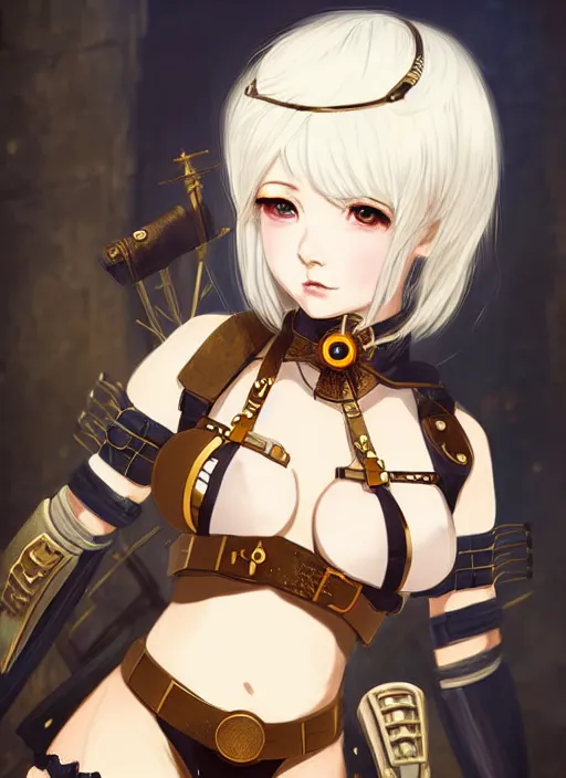 Image similar to portrait Anime girl in steampunk bikini armor, cute-fine-face by Ilya Kuvshinov, white-hair pretty face, realistic shaded Perfect face, fine details. Anime, steampunk, bioshock. realistic shaded lighting, by Gustav Klimt