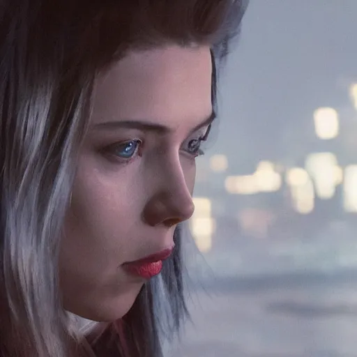 Prompt: a beautiful medium - shot still of scarlett johansson from ghost in the shell looking off into the distance, black hairs with sleek angled bob hairstyle, ultra realistic, soft, blue hour, soft neons light from night city falling on her face. focus on her eyes and brows. by annie leibowitz