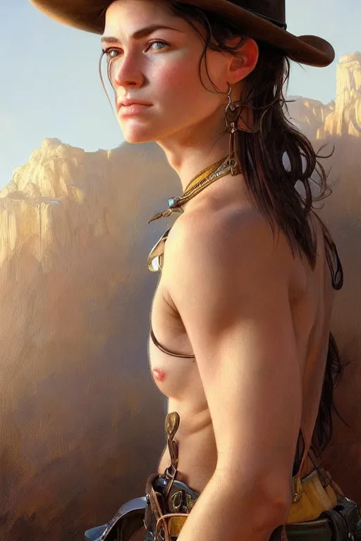 Image similar to photorealistic portrait of a young butch cowgirl woman, handsome, female, masculine, upper body, fantasy, fierce, sharp features, intricate, elegant, highly detailed, digital painting, artstation, concept art, matte, sharp focus, illustration, art by artgerm and greg rutkowski and alphonse mucha