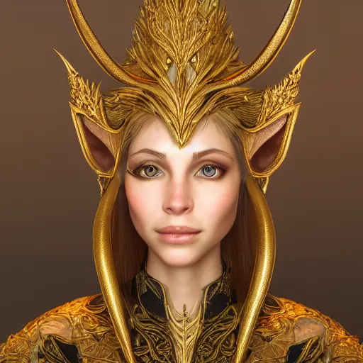 Image similar to portrait of an elven princess dressed in golden clothes, digital art, highly detailed, award winning, concept art, intricate, sharp focus, Trending on Artstation HQ, unreal engine 5, 4K UHD image