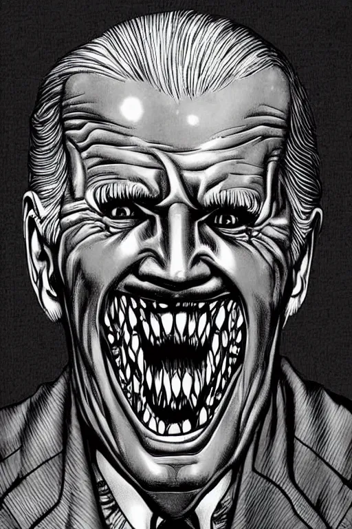 Image similar to joe biden evil grin, horror, terrifying artwork, monster, artwork by junji ito, black and white manga