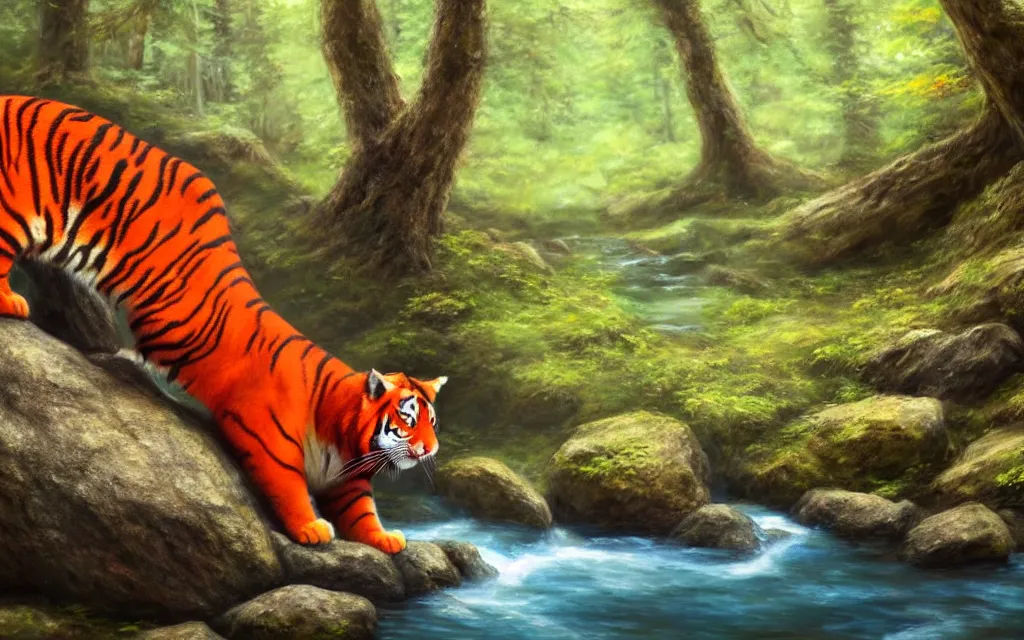 Image similar to a red tiger sitting on a large rock within a woodland creek, highly detailed, trending on pixiv, realistic oil paint artwork made in 2 0 2 0.