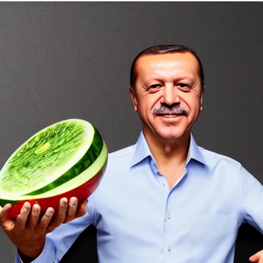 Prompt: recep tayyip erdogan smiling holding watermelon, studio photograph, hd, studio