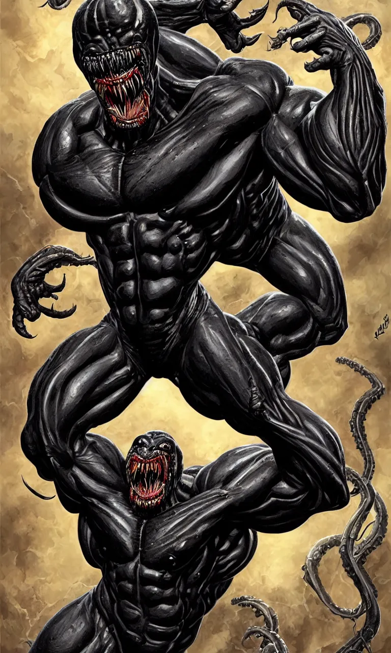 Image similar to hyper realist full body long shot portrait of bodybuilder venom from marvel comics!!!!, leg study!!!, large mouth with teeth, large tongue, lovecraftian horror!!, fantasy, intricate, elegant, highly detailed, digital painting, artstation, concept art, matte, sharp focus, illustration, art by glenn fabry and giger