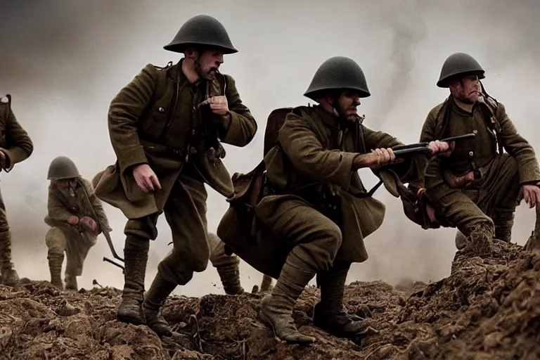 Prompt: jay baruchel smoking cigar, as world war 1 soldier in the trenches, bullets whizzing past, cinematic lighting, high contrast, 4 k hdr imax cinematography by roger deakins, award winning shot, beautiful composition, principal photography, vfx action shot