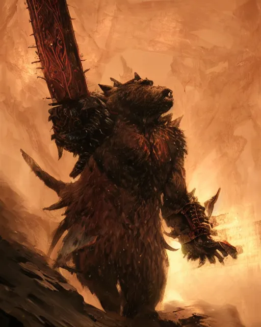 Prompt: Bear Berserker, Khorne, magic the gathering artwork, D&D, fantasy, cinematic lighting, centered, symmetrical, highly detailed, digital painting, artstation, concept art, smooth, sharp focus, illustration, volumetric lighting, epic Composition, 8k, art by Akihiko Yoshida and Greg Rutkowski and Craig Mullins, oil painting, cgsociety