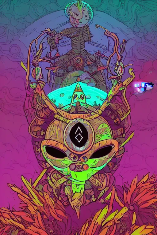 Image similar to sacred majora's mask tribal feather gemstone plant wood rock shaman vodoo video game vector illustration vivid color borderlands by josan gonzales and dan mumford radiating a glowing aura