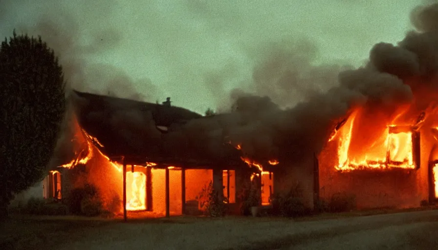 Prompt: 1 9 7 0 s movie still of a burning french style house in a small french village by night, cinestill 8 0 0 t 3 5 mm, heavy grain, high quality, high detail, dramatic light, anamorphic, flares