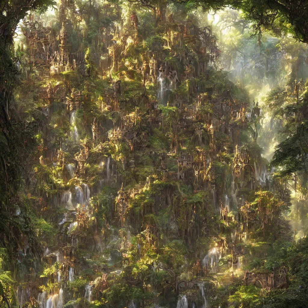 Image similar to fox in a fairy palace, castle towers, sunbeams, gothic towers, Japanese shrine waterfall, gold and gems, gnarly details, lush vegetation, forest landscape, painted by tom bagshaw, raphael lacoste, eddie mendoza, alex ross concept art matte painting