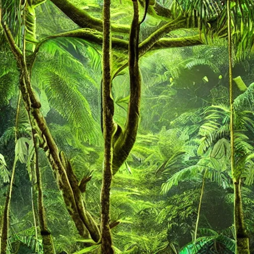 Prompt: broad - leaved tree, jurassic world, flawless detail photo in rainforest hyperreal photorealistic photography, panorama, hyperrealism, hyperdetail